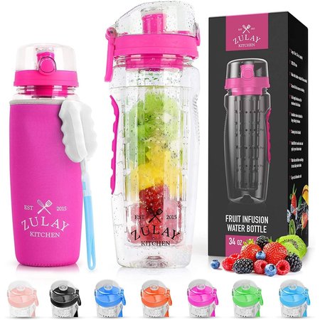 ZULAY KITCHEN Zulay Water Bottle, Fruit Infuser  34 oz Flamingo Pink ZULB082T5ZHG1